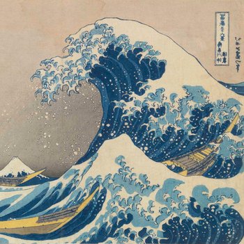 The Great Wave off Kanagawa, by Hokusai, 1831. A huge, white-frothed wave looms over small Japanese fishing boats.
